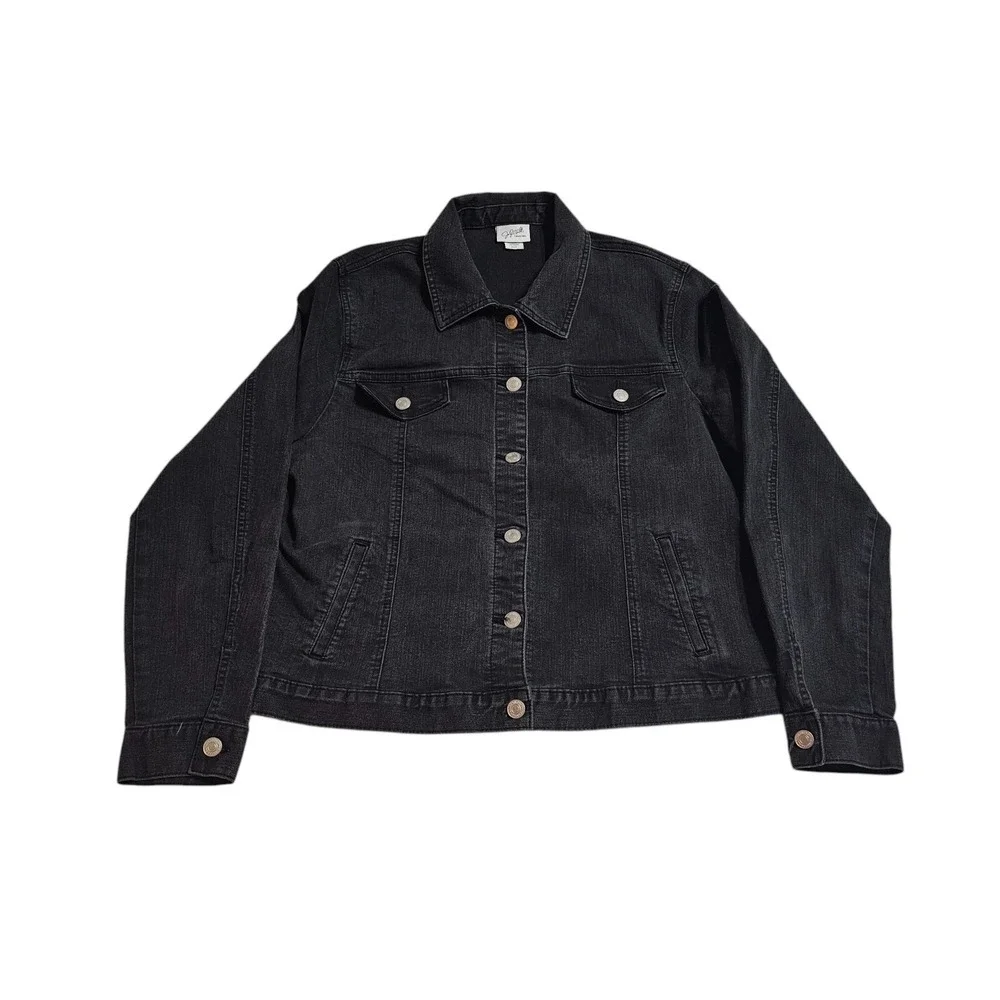 Jaclyn Smith Collection Denim Jacket Button Front‎ Black Jean Jacket XL